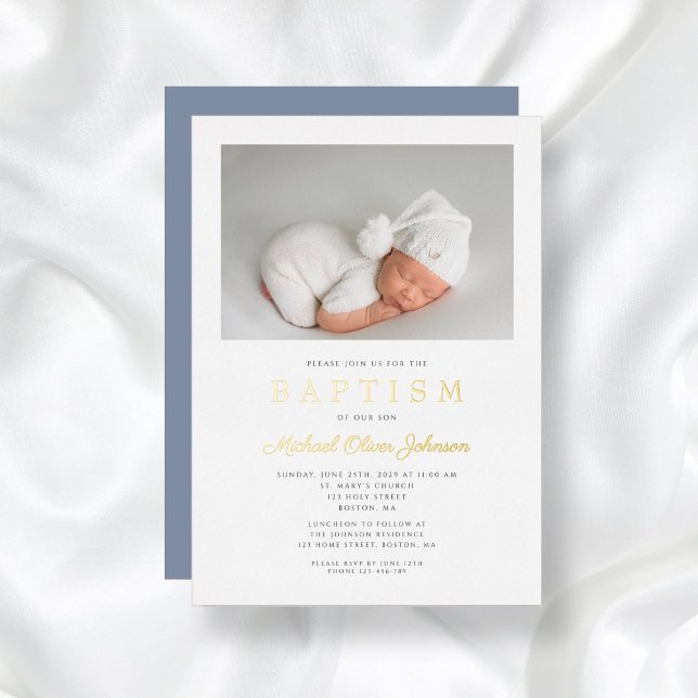 Modern Dusty Blue Gold Script Photo Boy Baptism (Modern Dusty Blue Gold Script Photo Boy Baptism Foil Invitation)