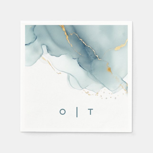 Modern Dusty Blue Gold Teal Monogram Beach Wedding Napkin (Front)