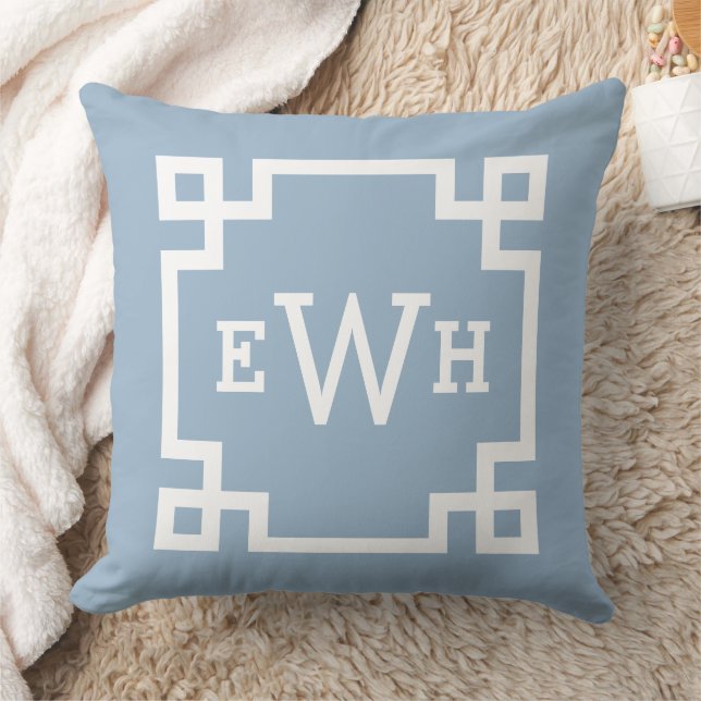 Modern Dusty Blue Greek Key Custom Monogram Cushion (Blanket)