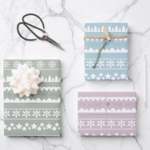 Modern Dusty Blue Green Pink Holiday Pattern Name Wrapping Paper Sheet