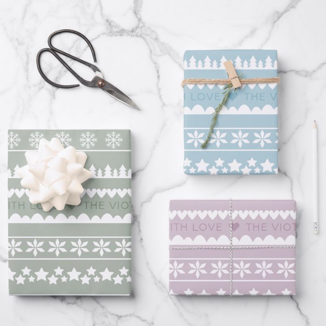 Modern Dusty Blue Green Pink Holiday Pattern Name Wrapping Paper Sheet (Front)