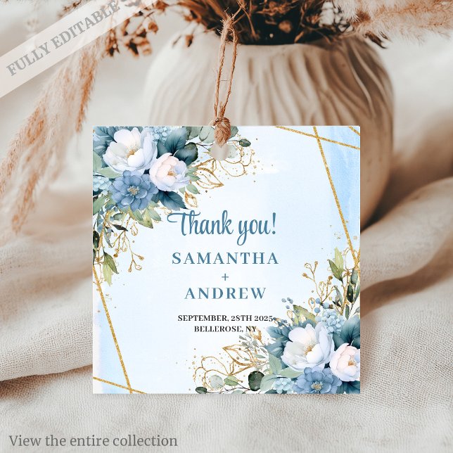 Modern Dusty Blue Greenery Gold Wedding Favour Tag (Modern Dusty Blue Greenery Gold Wedding Favor Tag)