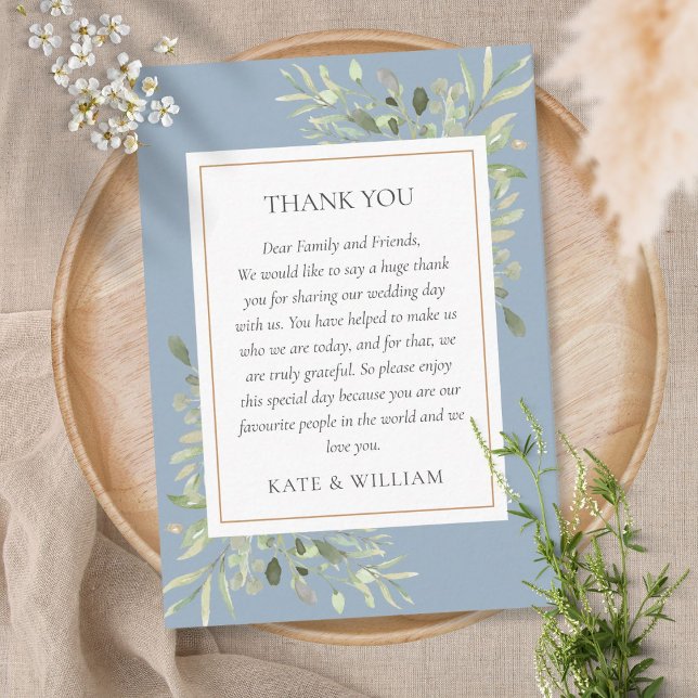 Modern Dusty Blue Greenery Wedding Thank You Place Card (Creator Uploaded)