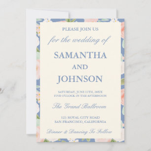Modern Dusty Blue Ivory Floral Monogram Wedding Invitation