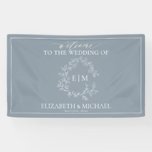 Modern Dusty Blue Leafy Crest Monogram Wedding Banner