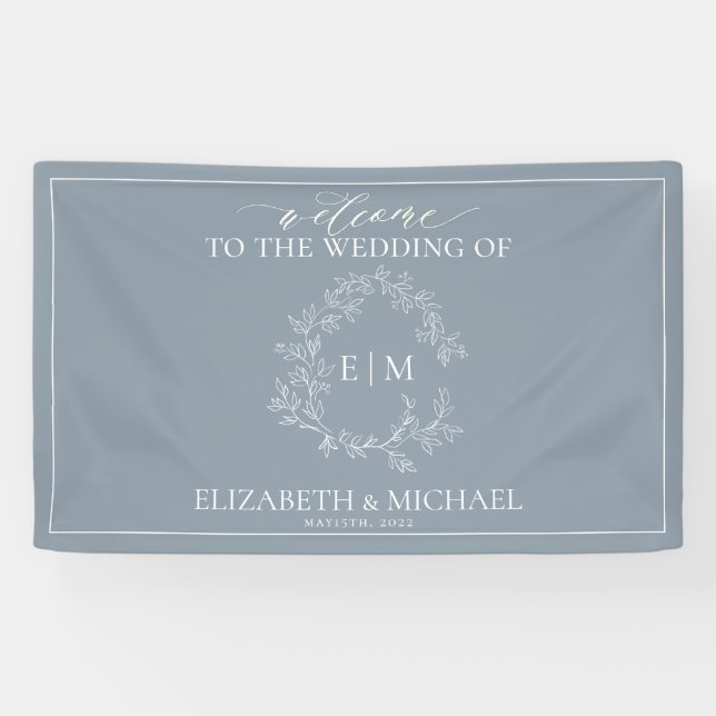 Modern Dusty Blue Leafy Crest Monogram Wedding Banner (Horizontal)