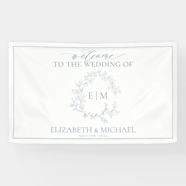 Modern Dusty Blue Leafy Crest Monogram Wedding Banner (Horizontal)