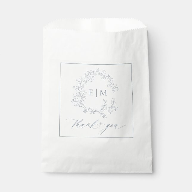Modern Dusty Blue Leafy Crest Monogram Wedding Favour Bags (Front)