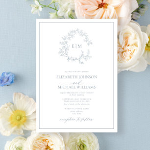 Modern Dusty Blue Leafy Crest Monogram Wedding Inv Invitation