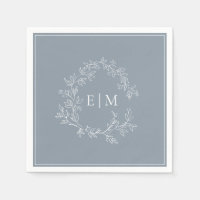 Modern Dusty Blue Leafy Crest Monogram Wedding