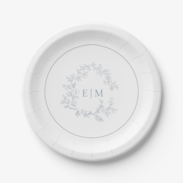 Modern Dusty Blue Leafy Crest Monogram Wedding Paper Plate (Front)