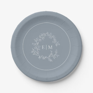 Modern Dusty Blue Leafy Crest Monogram Wedding Paper Plate