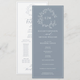 Modern Dusty Blue Leafy Crest Monogram Wedding Programme
