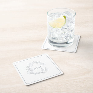 Modern Dusty Blue Leafy Crest Monogram Wedding Square Paper Coaster