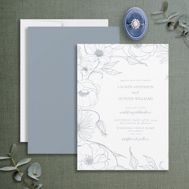 Modern Dusty Blue Line Art Floral Wedding Invitation (Creator Uploaded)