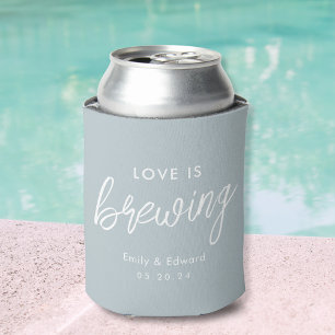 Modern Dusty Blue Love is Brewing Wedding Favour Can Cooler