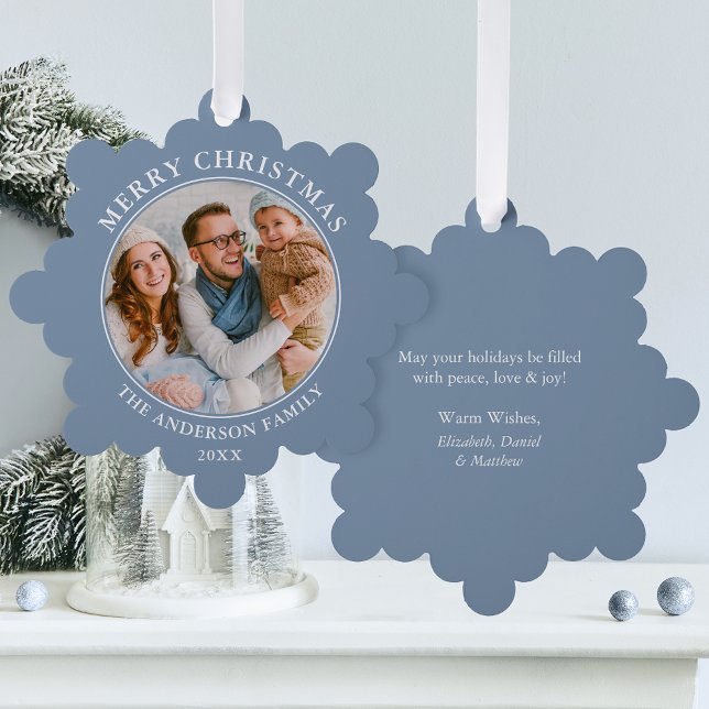 Modern Dusty Blue Merry Christmas Photo Tree Decoration Card (A greeting card that is also an ornament! Customize with your photo and personalized text.)