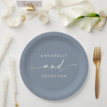 Modern dusty blue minimal elegant script wedding paper plate<br><div class="desc">Modern classy typography bold wedding favour decor paper plate. With modern,  elegant simple minimal typography. Dusty blue colour can be customised.</div>