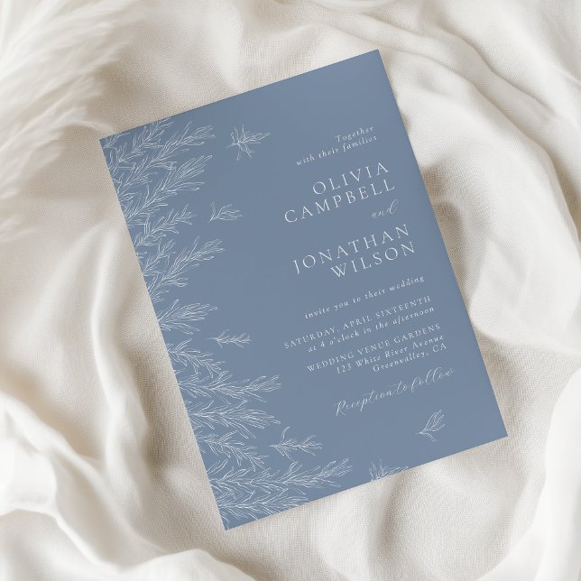 Modern Dusty Blue Minimal Leaves Wedding Invitation (Creator Uploaded)