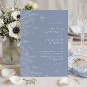 Modern Dusty Blue Minimal Leaves Wedding Invitation