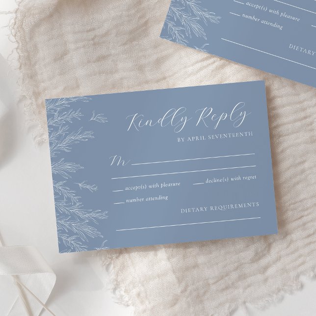 Modern Dusty Blue Minimal Leaves Wedding RSVP Card (Creator Uploaded)