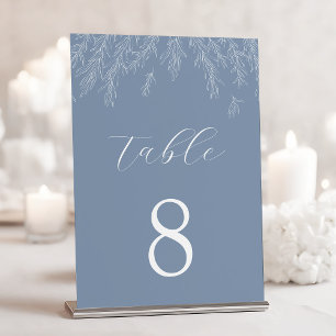 Modern Dusty Blue Minimal Leaves Wedding Table Number