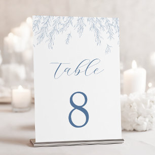 Modern Dusty Blue Minimal Leaves Wedding Table Number
