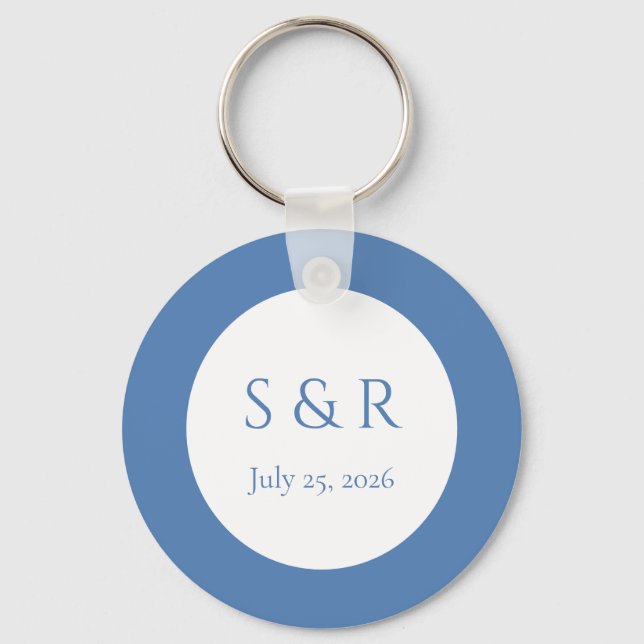 Modern Dusty Blue Minimal Monogram Wedding Favour  Key Ring (Front)