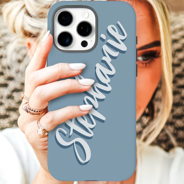 Modern Dusty Blue Minimal Script Name iPhone Case (Creator Uploaded)