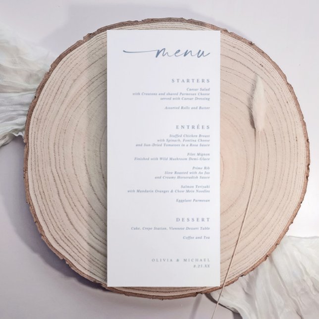 Modern Dusty Blue Minimalist Handwriting Wedding Menu (Elegant wedding menu with dusty blue handwritten calligraphy and minimalist modern layout.)