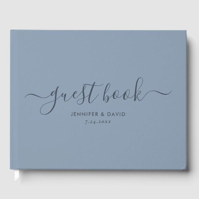 Modern Dusty Blue Minimalist Script Wedding Guest  Guest Book (Front)