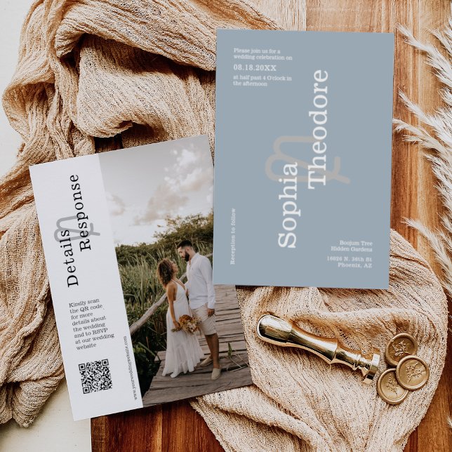 Modern Dusty Blue Minimalist Wedding QR Code Photo Invitation (Creator Uploaded)