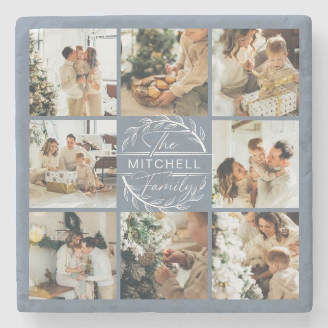 Modern Dusty Blue  Monogram Initial Family Photo Stone Coaster (Front)