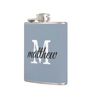 Modern Dusty Blue Name Monogram Personalized  Hip Flask
