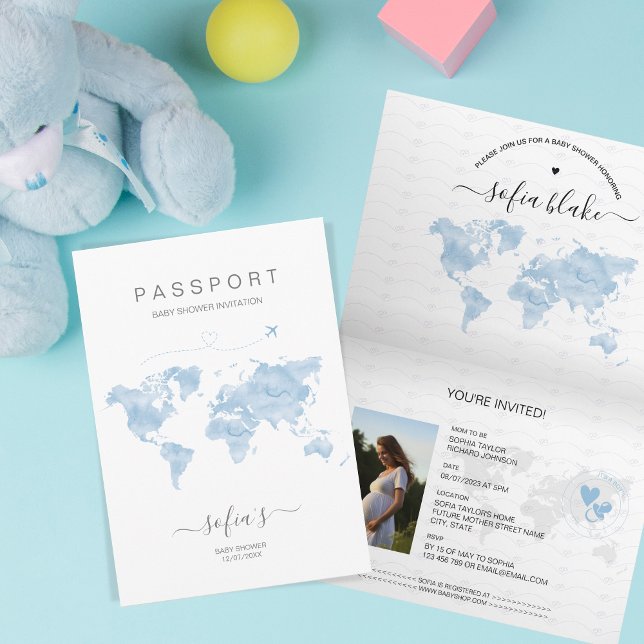 Modern Dusty Blue Passport World Map Baby Shower Invitation (Creator Uploaded)