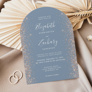 Modern Dusty Blue Peach Glitter Arch Wedding Invitation