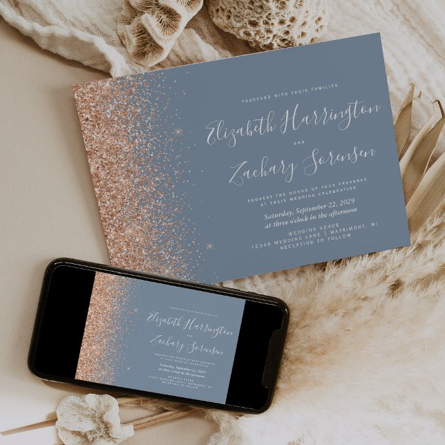 Modern Dusty Blue Peach Glitter Wedding Invitation (Creator Uploaded)