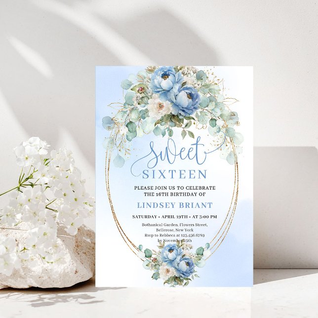 Modern Dusty Blue Peonies Eucalyptus Gold Sweet 16 Invitation (Modern Dusty Blue Peonies Eucalyptus Gold Sweet 16)