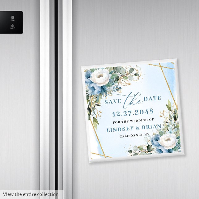 Modern Dusty Blue Peonies Gold Save Date Magnet (Modern Dusty Blue Peonies Gold Save the Date Magnet)