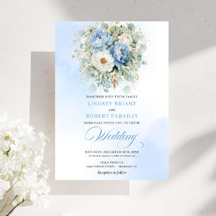Modern Dusty Blue Peony Gold Frame Wedding Invites