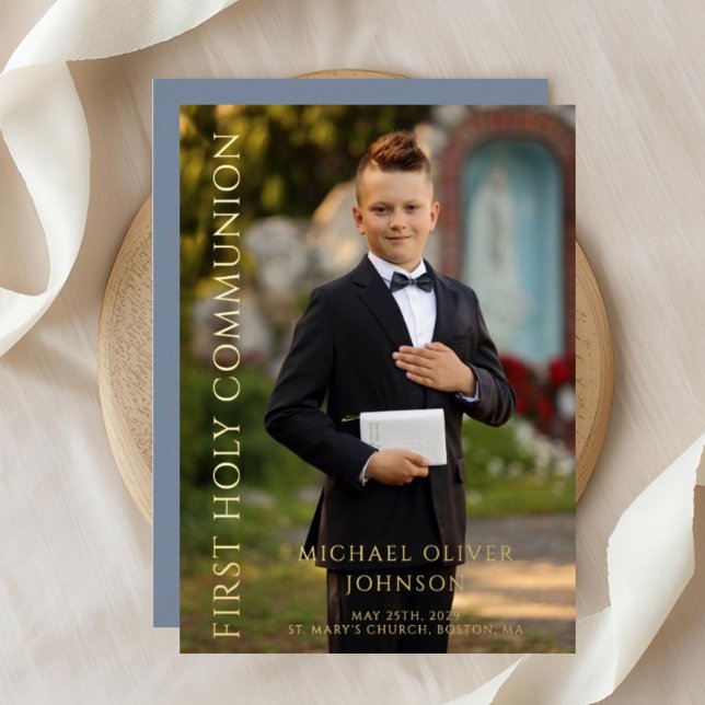 Modern Dusty Blue Photo Boy First Communion Gold (Blue Modern Photo Boy First Holy Communion Gold Foil Invitation)