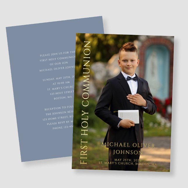 Modern Dusty Blue Photo Boy First Communion Gold (Blue Modern Photo Boy First Holy Communion Gold Foil Invitation)