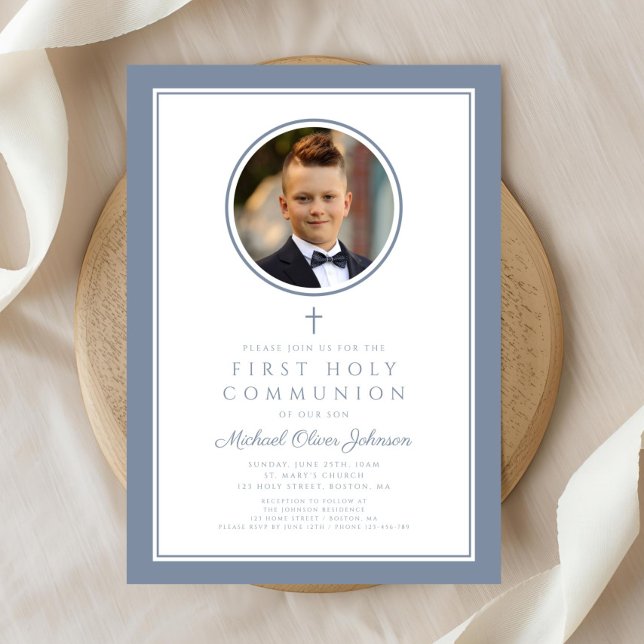 Modern Dusty Blue Photo Boy First Communion Invitation (Modern Dusty Blue Photo Boy First Communion Invitation)