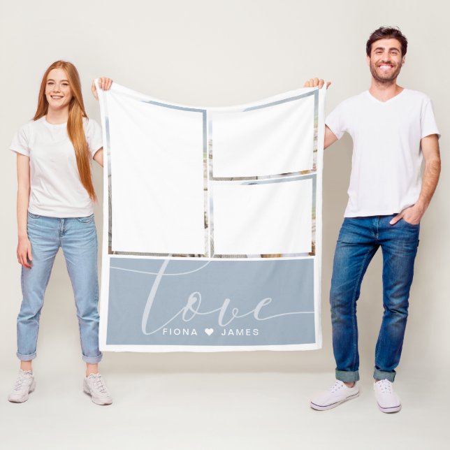 Modern Dusty Blue Photo Collage Love Personalised Fleece Blanket (In Situ)