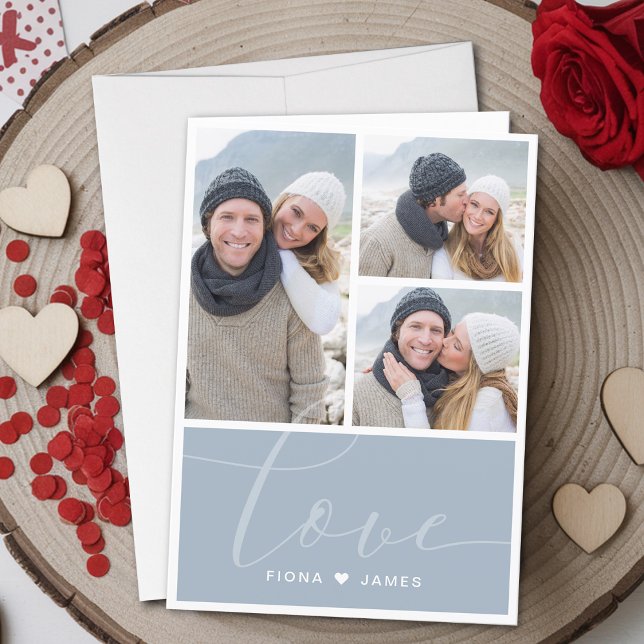 Modern Dusty Blue Photo Collage Love Personalised Holiday Card (Modern Dusty Red Photo Collage Love Personalized Holiday Card)