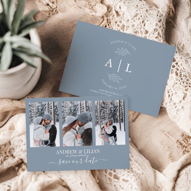 Modern Dusty Blue Photo Collage Monogram Wedding Save The Date (Creator Uploaded)