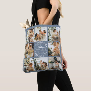 Modern Dusty Blue Photo Collage Personalised Tote Bag