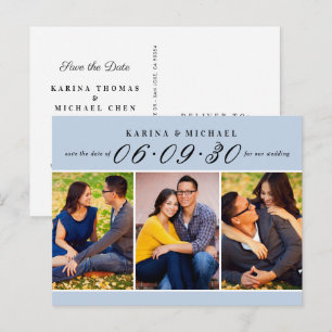 Modern Dusty Blue Photo Collage Save the Date Announcement Postcard