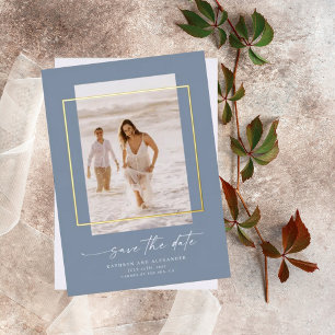 Modern Dusty Blue Photo Save The Date Gold