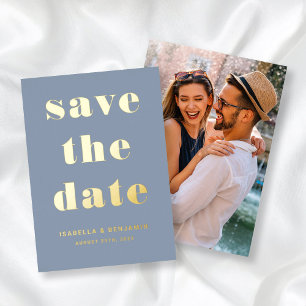 Modern Dusty Blue Photo Save The Date Gold